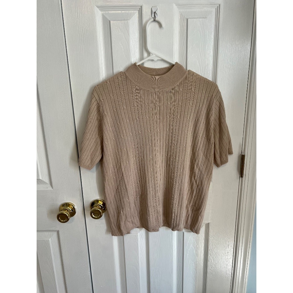 Laura Scott Womens Large Acrylic Tan‎ Short Sleeve Fitted Ribbed Shirt